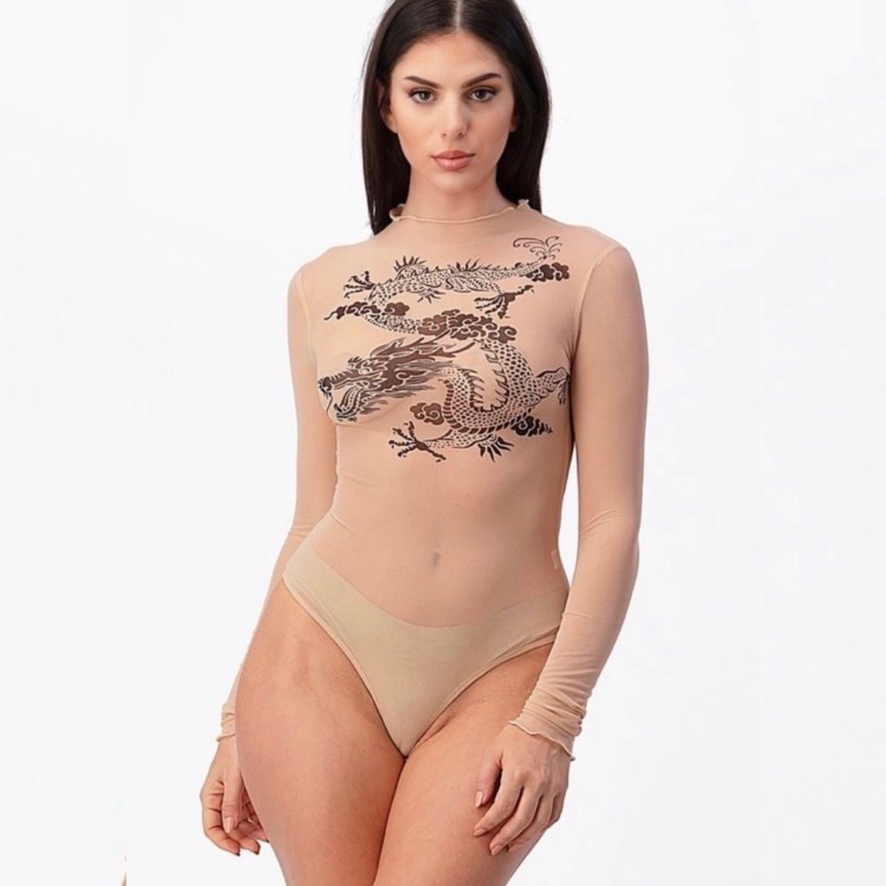 Nude Dragon Print Mesh Bodysuit